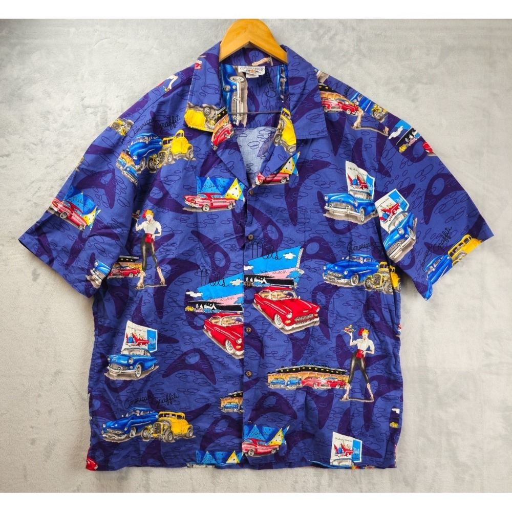 VTG Pacific Legend Hawaiian Shirt Men 4XL Classic Cars Print Graphic Blue Cotton